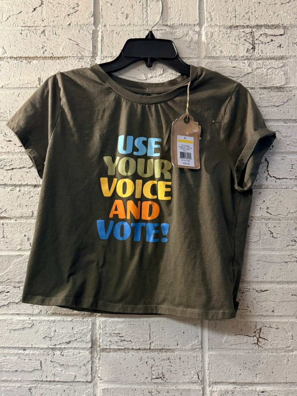 True Craft Womens XL Vote Graphic Tee Olive Green NWT Voting Election Shirt